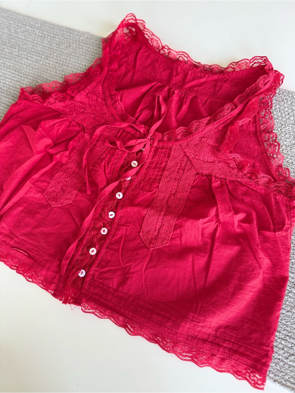 Vintage Red Cotton Lace-Trim Button Front Camisole Tank Top Size Large - Picture 8 of 9